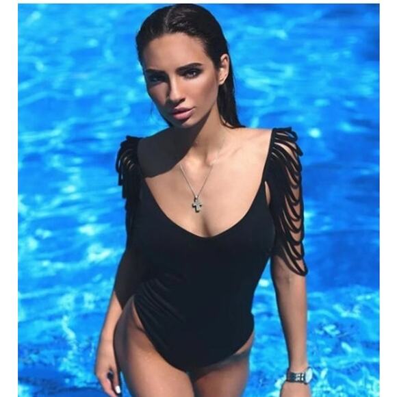 New One Piece Black‎ Draped Monokini Shoulder One Piece Swimsuit Size Large - Picture 1 of 10